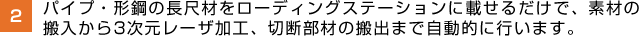 パイプ・形鋼の長尺材をローディングステーションに載せるだけで、素材の搬入から3次元レーザ加工、切断部材の搬出まで自動的に行います。  